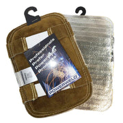 2 hand pads on top of eacother. One showing heat reflective side, and the other leather