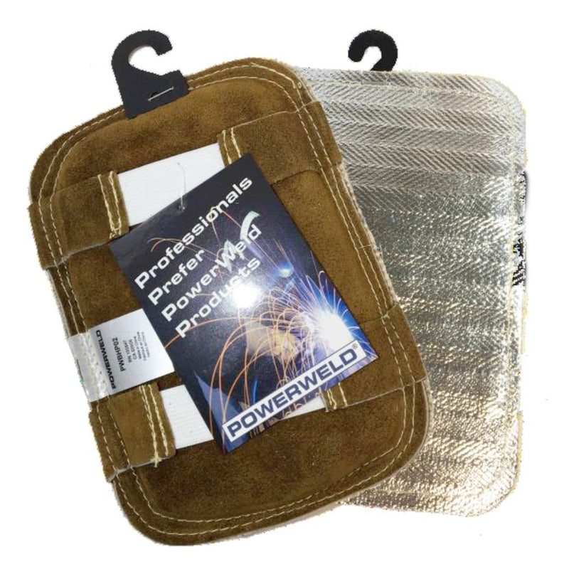 2 hand pads on top of eacother. One showing heat reflective side, and the other leather