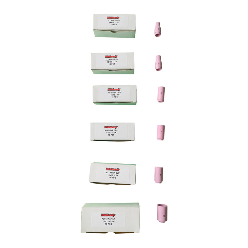 Cluster of standard TIG cups for WP9 WP20 TIG torches with Weldready logo on packaging