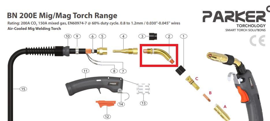 parts diagram of bernard bn 200 mig gun with swan neck highlighted