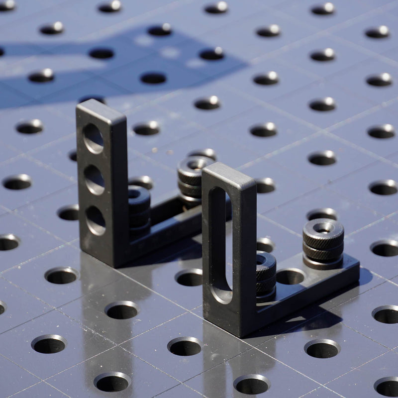 Lifestyle image of 90mm L Stop and Clamping Square for 16mm Welding Tables