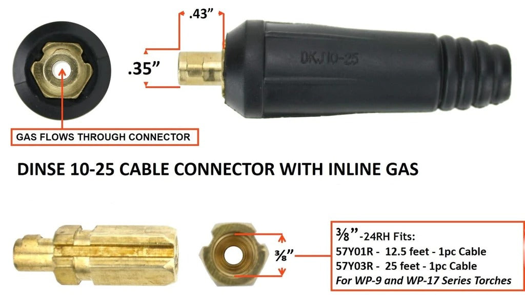 diagram showing measurements of dinse 25 gas through adapter for wp9 wp17