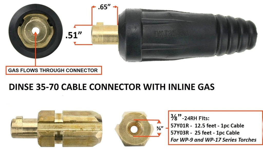 diagram showing dimensions of dinse 35 gas through tig adapter for 9 or 17 tig torch