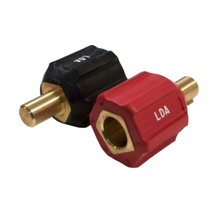 side by side red and black dinse 35 to lc40 cable adapters with LDA written on housing