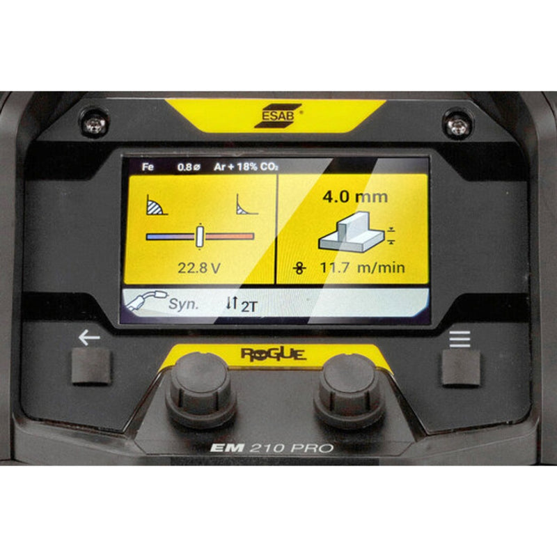 close up of color screen on esab em 210 pro mig welder
