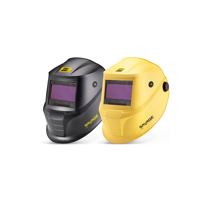 View of black and yellow ESAB Savage A41 welding helmet