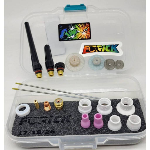 plastic case with tig consumables flipped open showing furicl cups tungsten back caps diffusers and stickers