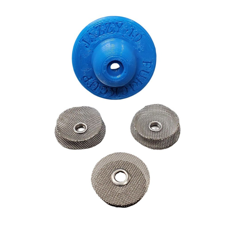 3 gas diffuser screens layed out with a blue furicl diffuser install tool behind them