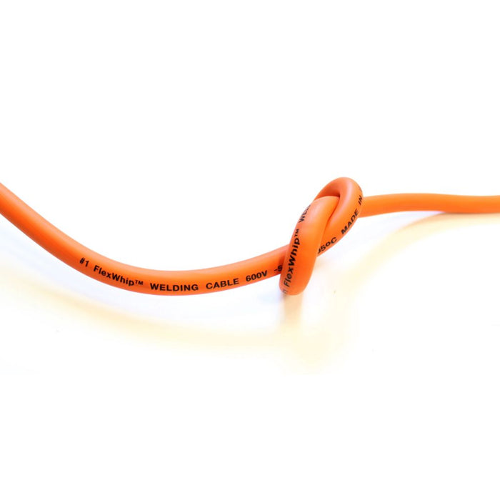small piece of orange welding cable with a knot tied in it to show how flxible it is