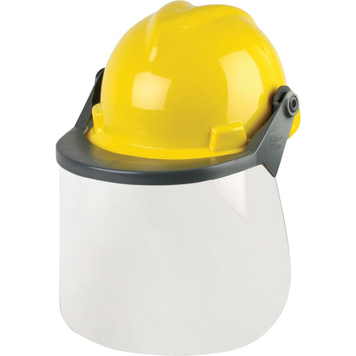 yellow hard hat with flip up protective face shield