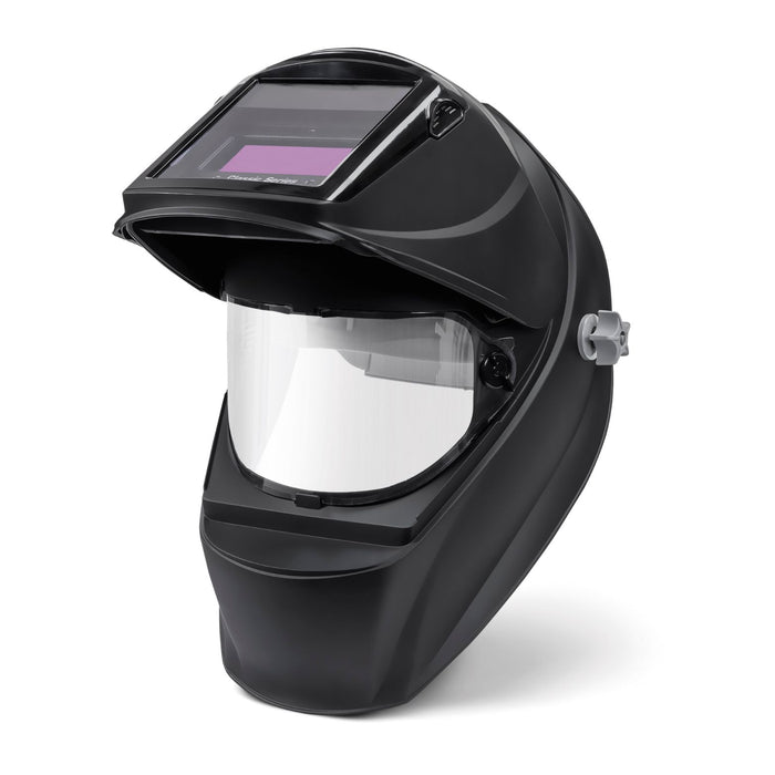 side view of a miller classic vsi welding helmet flipped open to show grinding shield remove button
