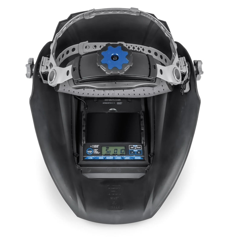 inside of miller digital elite welding helmet showing head gear and screen