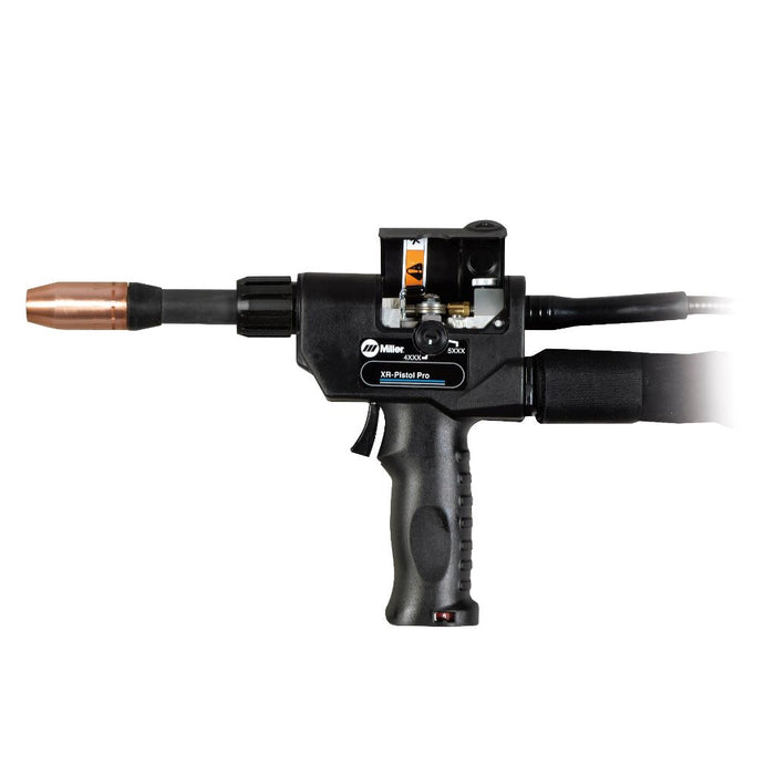 side view of mille xr pistol pro push pull gun with side flipped up to show drive rolls