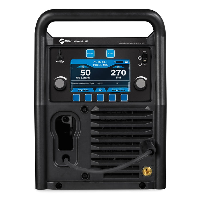 fron control panel of millermatic 355 mig welder showing auto set pulsed mig