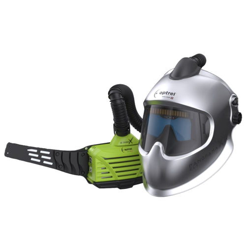 optrel panoramaxx CLT PAPR welding helmet in heat reflective silver connected to respirator