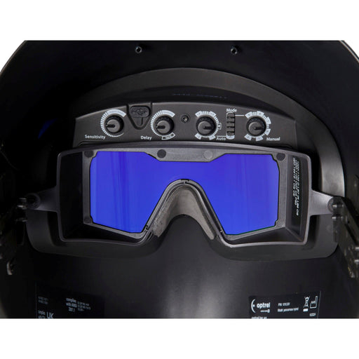 Close up view of controls for Optrel Panoramaxx Hybrid Laser Welding Helmet