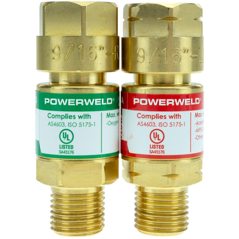 Powerweld Oxy-Fuel Flashback arrestors showing 9/16" thread marking