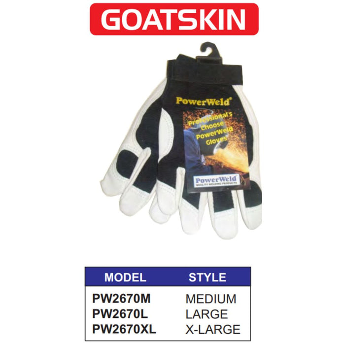 infographic showing powerweld goatskin gloves with sizes available