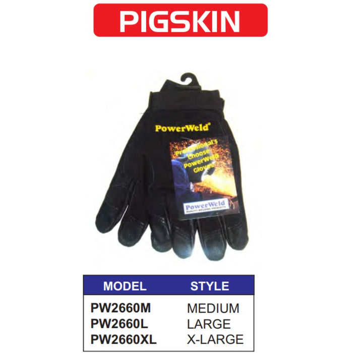 infographic showing powerweld pigskin mechanics gloves with sizes available