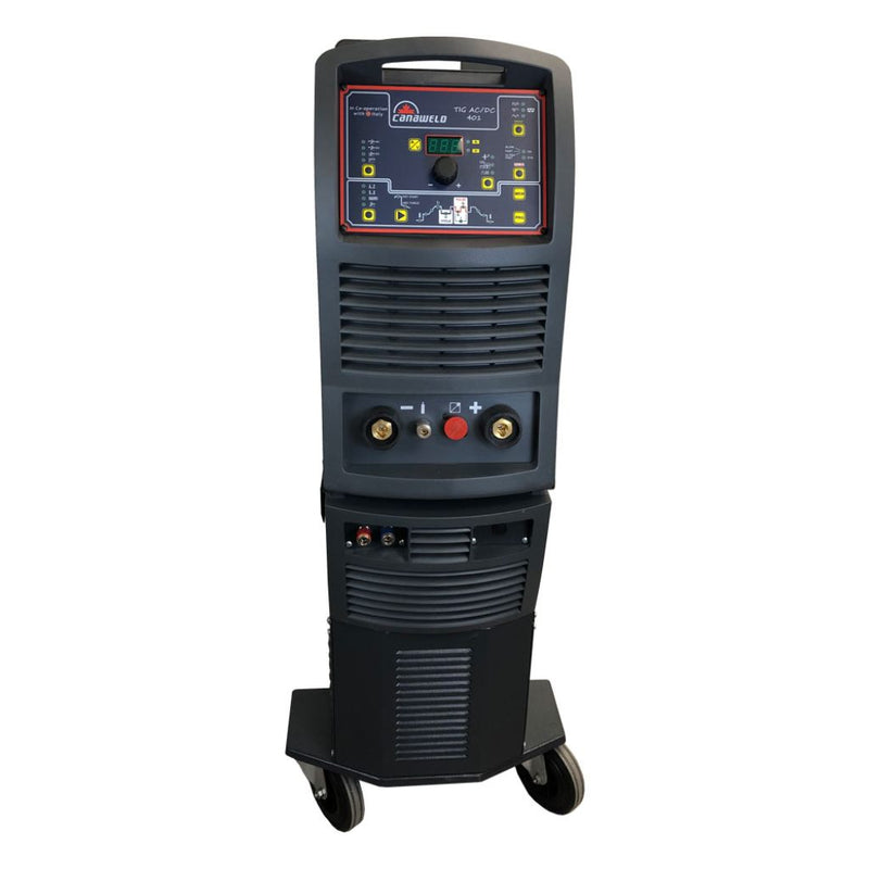 front view of canaweld tig 401 ac/dc showing connections for tig torch ground clamp and water cooler