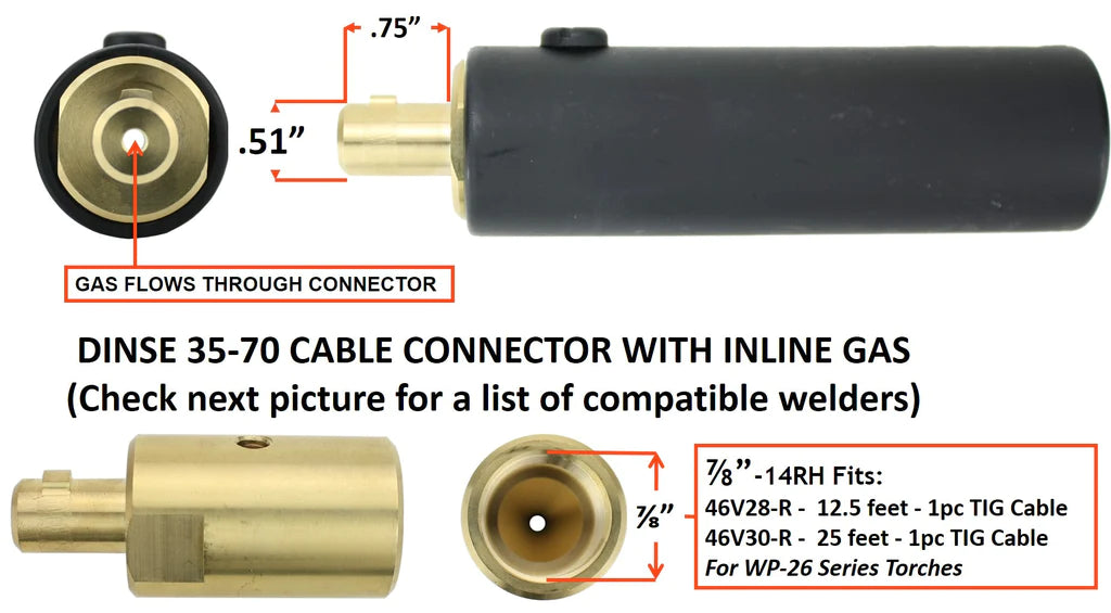 diagram of tig dinse 35 gas though adapter for 26 showing dimensions