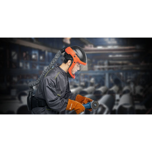 man wearing tecmen hard hat grinding shield holding grinder