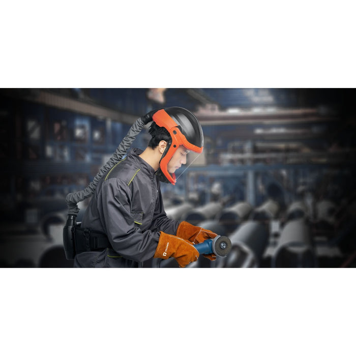 man wearing tecmen hard hat grinding shield holding grinder