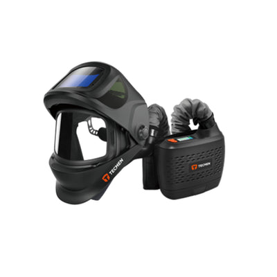 Tecmen PAPR welding helmet with lens flipped up to show grinding shield