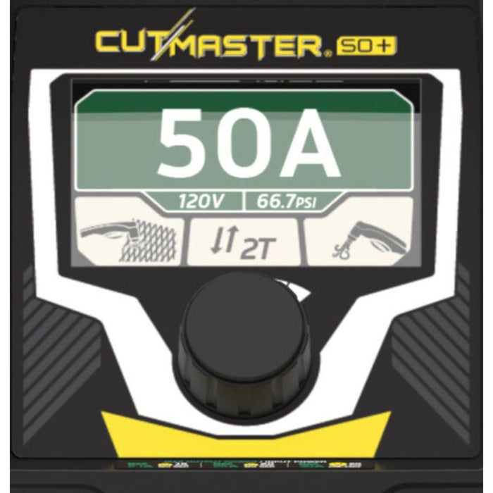 Thermal Dynamics Cutmaster plasma cutter showing 50 amperage on color screen