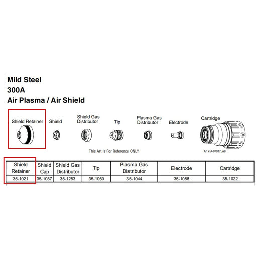 Parts chart for thermal dynamics XT 300 plasma cutter with 35-1021 shield retainer highlighted