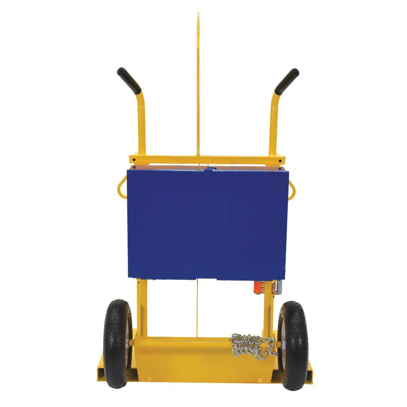 rear view of side by side cylinder cart with lifting hook and blast wall