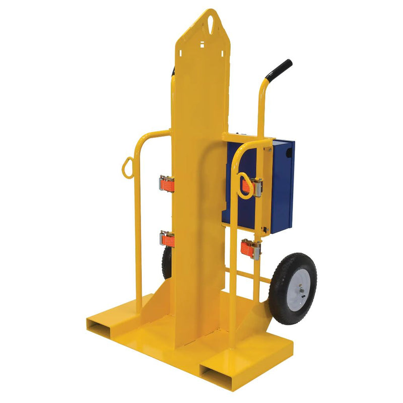 isometric view of side by side cylinder cart with lifting mechanism
