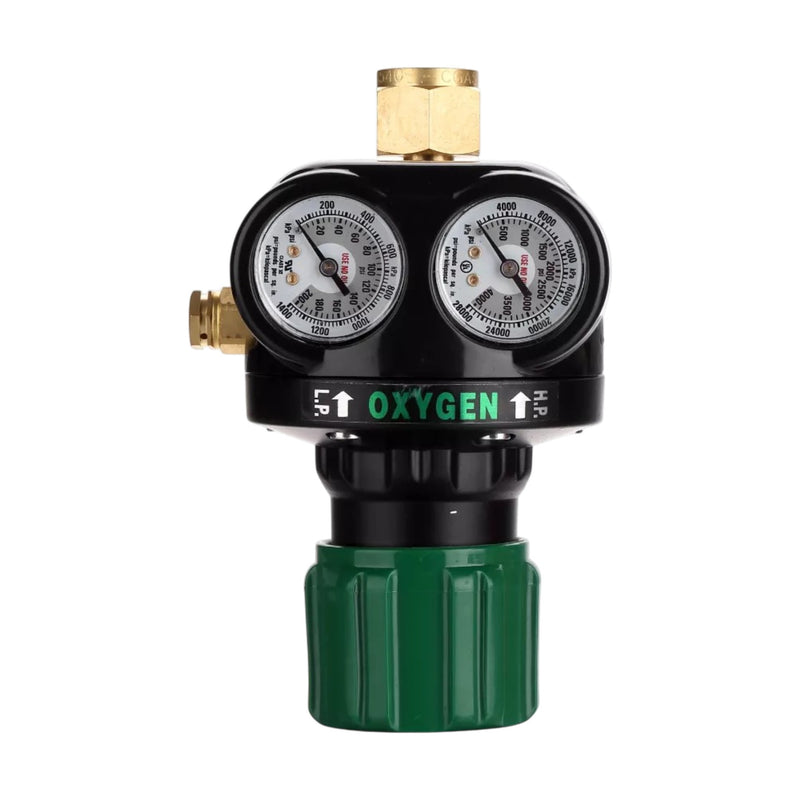 Front view of victor edge oxygen regulator showing high contrast gauges