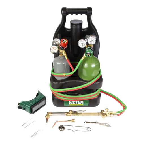 G150 Victor oxy-acetylene torch kit with portable carrying tote and gas tanks, showing Victor G150 regulators, cutting torch, tote, and tanks.