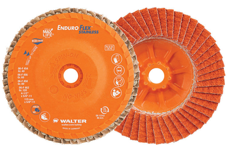 Front and back of the Walter Enduro-Flex stainless flap disc