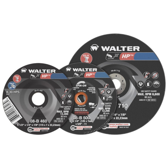 walter hp series general purpose grinding wheels showing 4-1/2" 5" and 7" diameter wheels