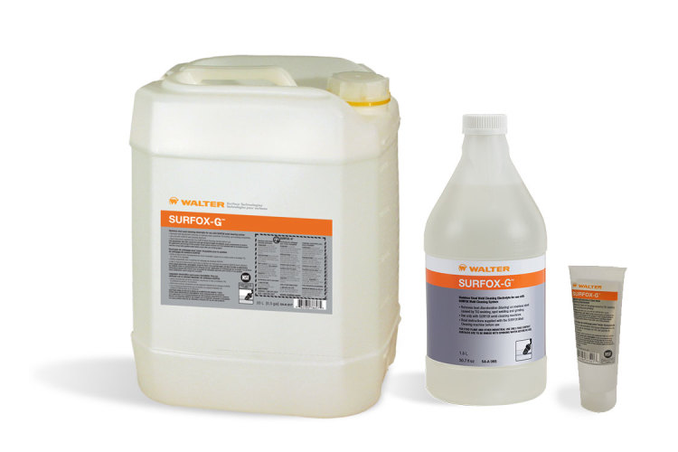 Three sizes pictured of Walter Surfox G pH Neutral weld cleaning electrolyte solution