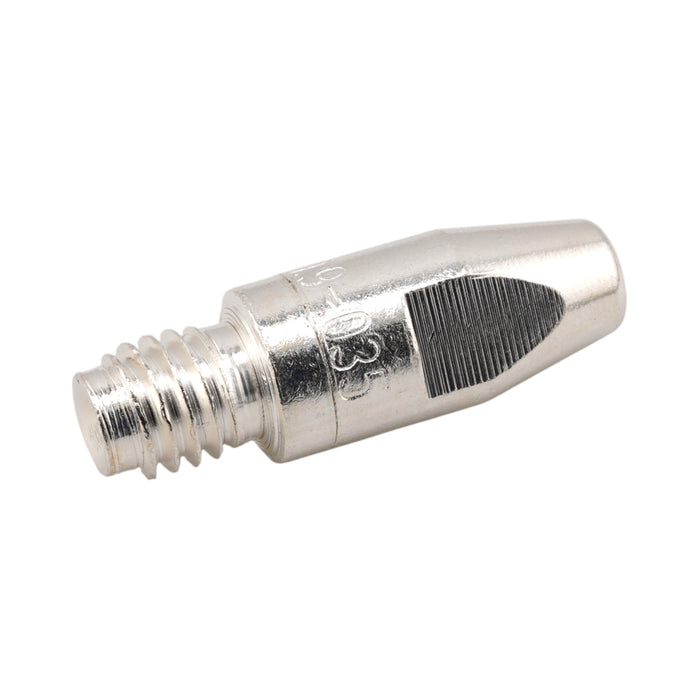 Isometric view of 0.35" Binzel style M8 heavy duty silver contact tip 147.0217
