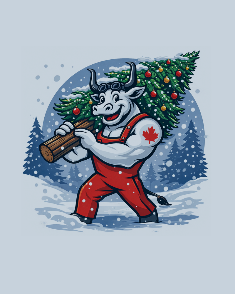 Weldready bull hauling a Christmas tree in the snow