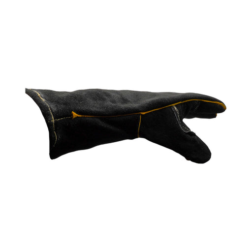 Side view of black MIG/Stick combo glove with yellow accents and the Weldready logo on a white background