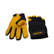 Pair of yellow and black mechanics gloves with 'Weldready' branding on a white background