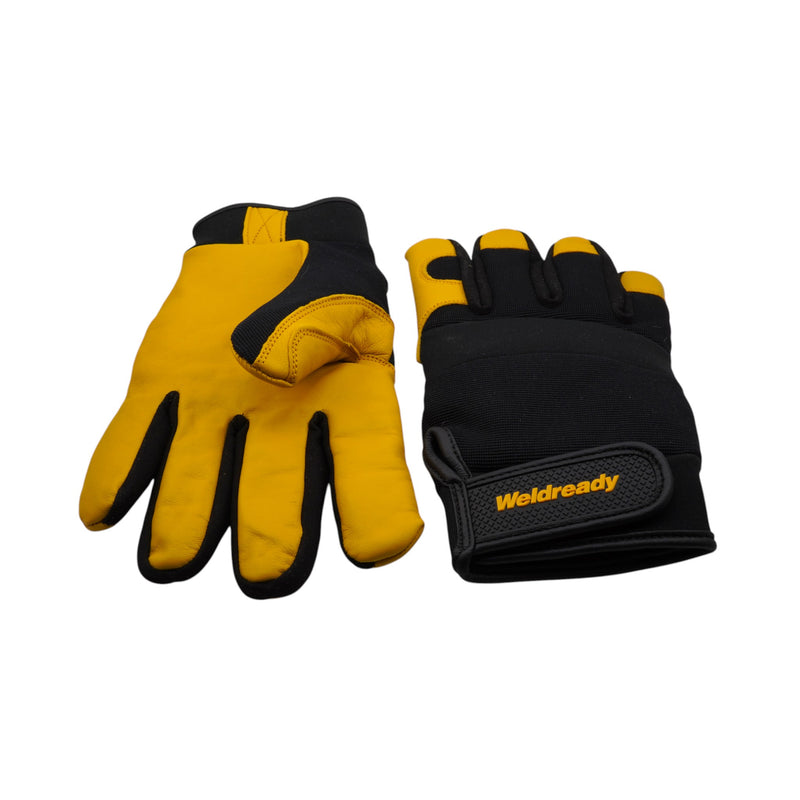 Pair of yellow and black mechanics gloves with 'Weldready' branding on a white background