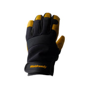 Front of black and yellow mechanics glove with 'Weldready' branding on a white background