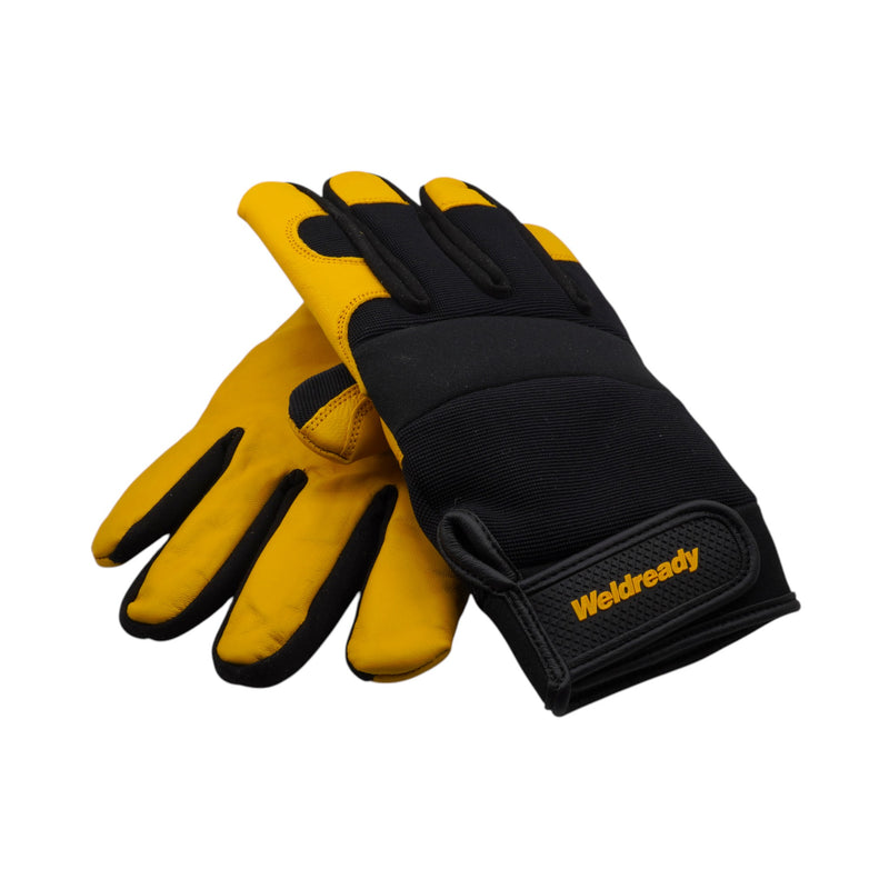 Pair of yellow and black mechanics gloves with 'Weldready' branding on a white background