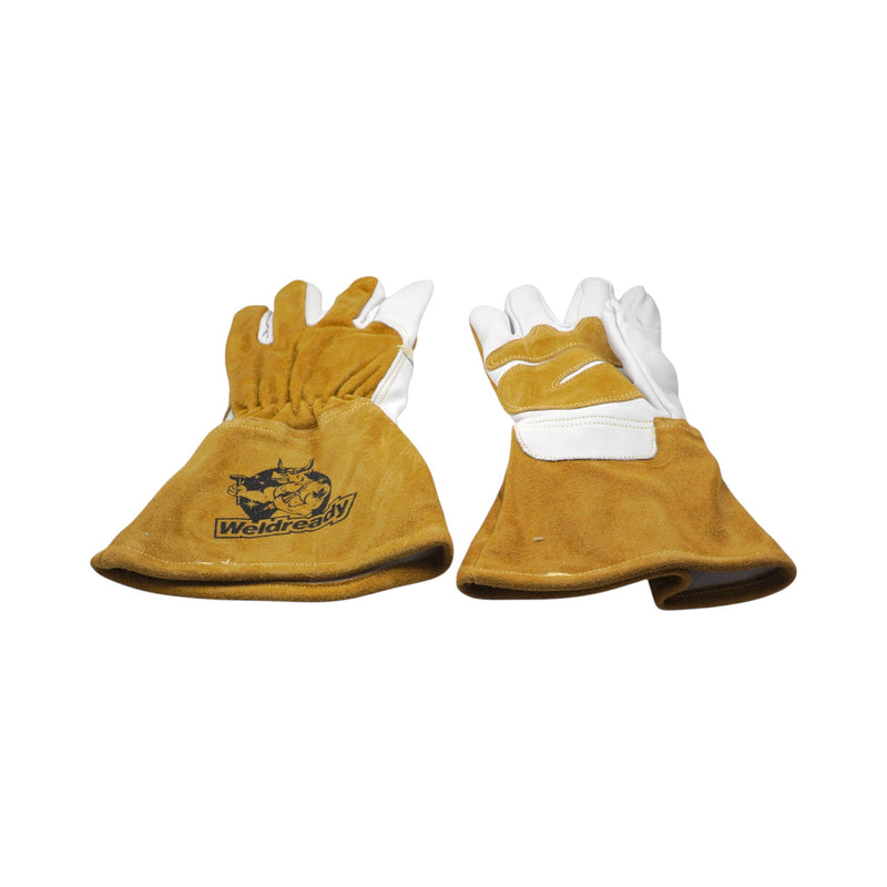 front and back view of tan and white premium welding gloves with Weldready logo on a white background