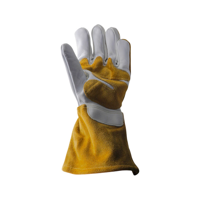 Palm view of tan and white premium welding glove with Weldready logo on a white background