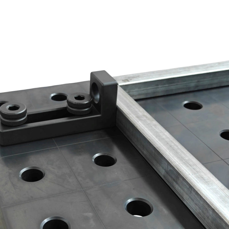 View of 90 SL Stop and Clamping Square in use on 16mm welding table