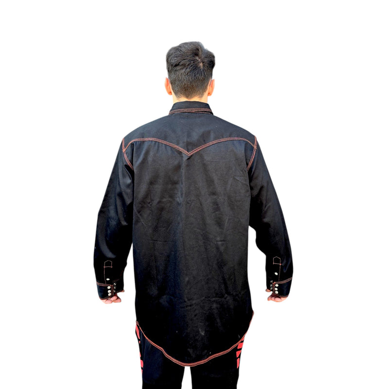 View from the back of model wearing Weldready western style flame retardant FR welding jacket with pearl snaps.