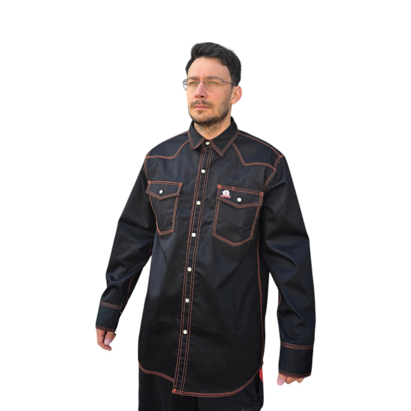 Model wearing Weldready western style flame retardant FR welding jacket with pearl snaps