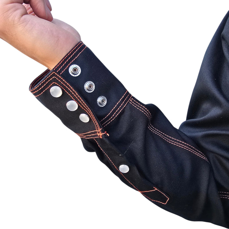Close up view of pearl snaps on Weldready western style flame retardant FR welding jacket